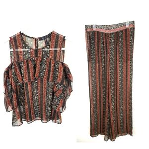 BCBGMaxazria | NWT Sheer Cold Shoulder Top & Pants Set Auburn XS/L